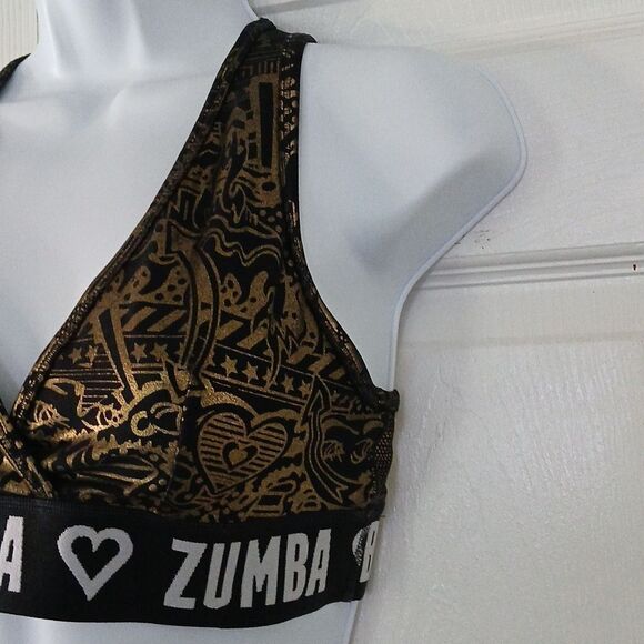 Zumba Wear Marvelous gold black metallic sports Bra Sz M - Picture 4 of 7
